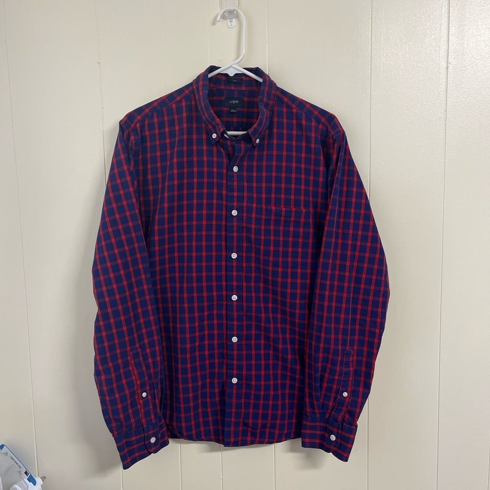 J Crew Men’s Checker Buttom up Slim Shirt Long Sleeve Plaid Red Blue Sz L